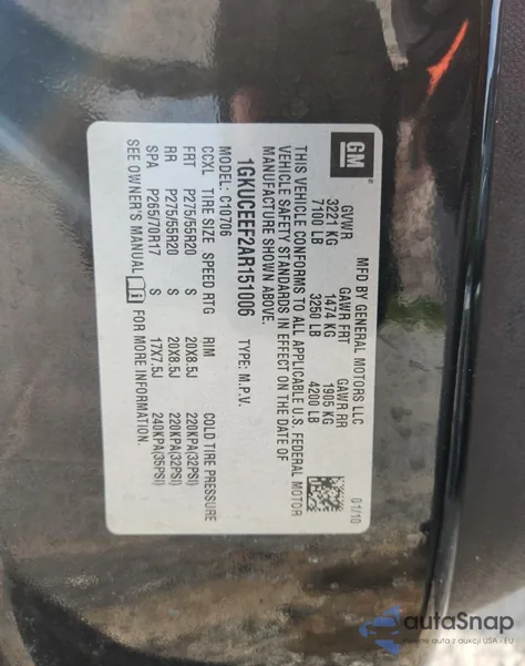 2010 GMC Yukon Denali z USA, uszkodzony, nr VIN 1GKUCEEF2AR151006